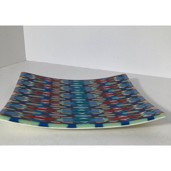 Tapestry Fused Art Glass Curved‎ Trinket Tray Plate Red Green Blue White 7.5 x 9 - Picture 2 of 6
